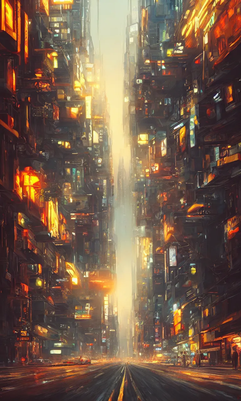 Image similar to an epic painting of the city street road, oil on canvas, cold colors, perfect road composition, golden ratio, beautiful detailed road, photorealistic, digital painting, artstation, concept art, smooth, sharp focus, illustration, cyberpunk background, artstation trending, octane render, unreal engine