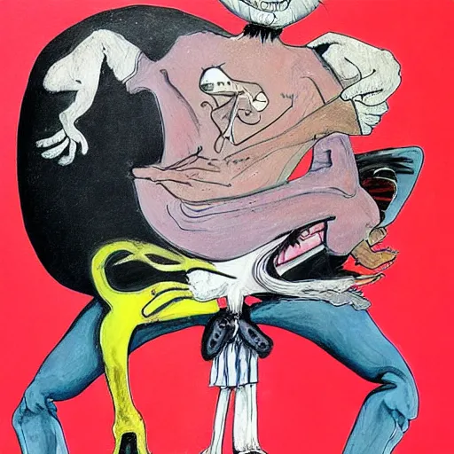 Image similar to a detailed painting of a man with a cat on his back by gerald scarfe and ralph steadman and pixar