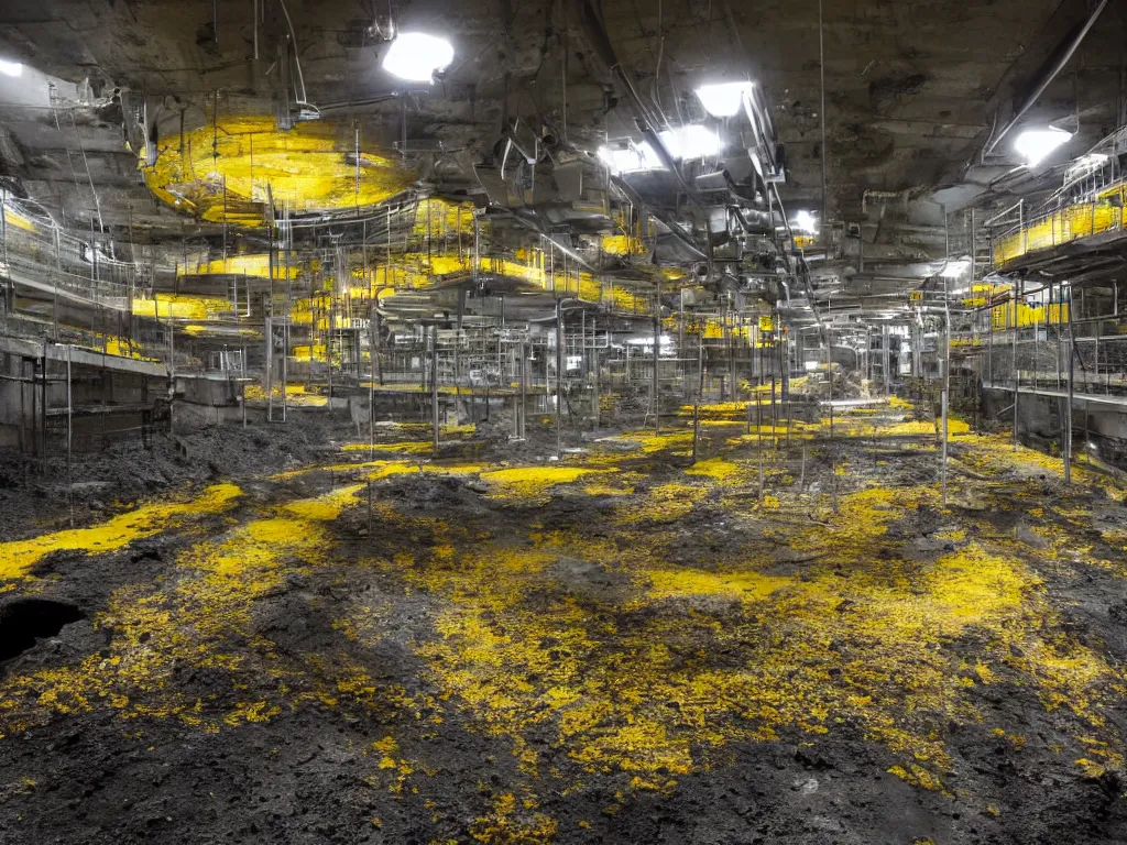 Image similar to photo of an underground waste facility, dark gloomy lighting, metal catwalks over yellow pools of sludge