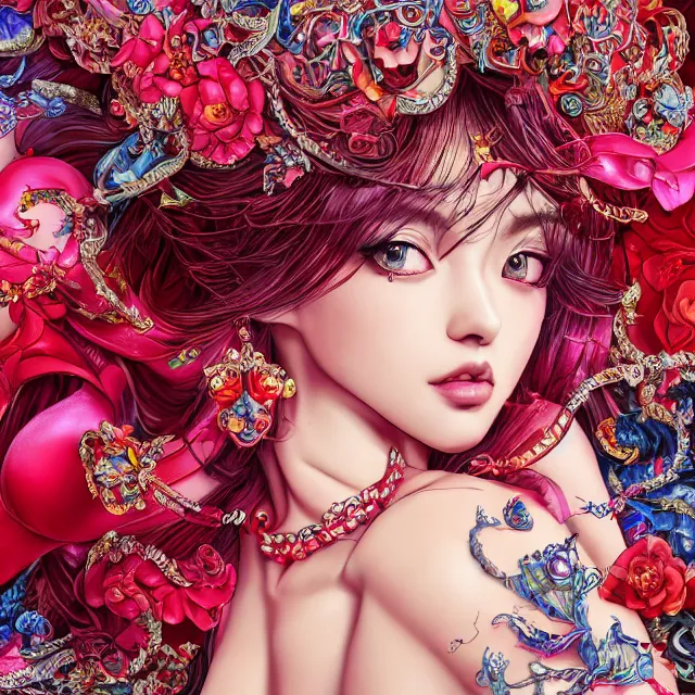 Image similar to an absurdly beautiful, elegant, young hypercolorful sensual gravure idol made of rubies and red gems, ultrafine hyperrealistic detailed face illustration by kim jung gi, irakli nadar, intricate linework, sharp focus, bright colors, matte, octopath traveler, final fantasy, unreal engine highly rendered, global illumination, radiant light, intricate environment