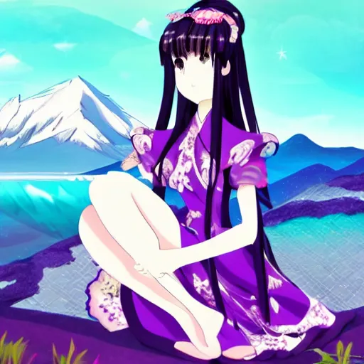 Image similar to elegant chinese princess with purple eyes, sitting by a lake, mountains in background, anime style, award winning art