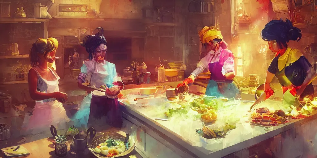 Image similar to two girls cooking, colorful, contrast, 3 d scene, greg rutkowski, zabrocki, karlkka, jayison devadas, trending on artstation, 8 k, ultra wide angle, zenith view, pincushion lens effect