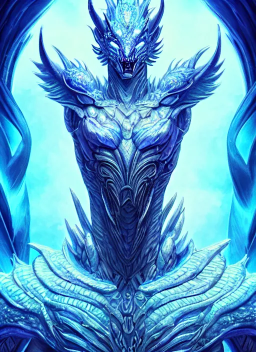 Image similar to muscular and tall blue ghostly fire humanoid dragon!!!! draconian!! intricate ornate iridescent heavy armor!! character concept art, sharp focus, octane render! unreal engine 5! highly rendered!! trending on artstation!! detailed linework!! illustration by artgerm, wlop, and chie yoshii