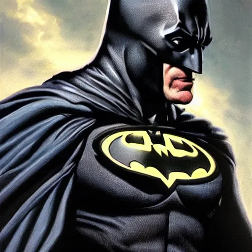 Image similar to An ultra-realistic portrait painting of Batman smiling in the style of Alex Ross. 4K. Ultra-realistic. Highly detailed. Epic lighting.