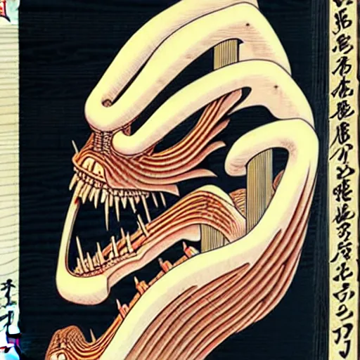 Image similar to biomechanical ukiyo - e woodblock, very detailed, hyperrealistic