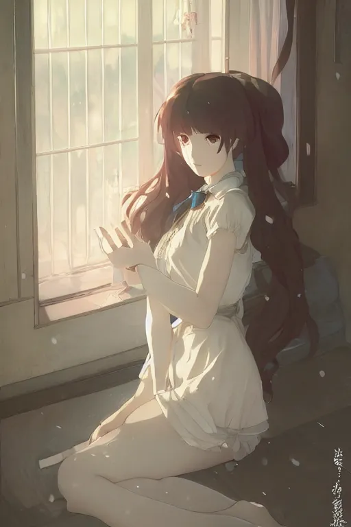 Prompt: a girl in a maid's outfit in the bedroom a night, raining outside the window, wavy white long hair, by krenz cushart and mucha and akihito yoshida and greg rutkowski and makoto shinkai and rei 0 7, detailed eyes, 4 k resolution