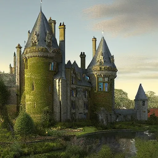 Image similar to England and Wales fairytale victorian castle with a fairytale green roof photorealistic cinematic highly detailed 19th century photorealistic