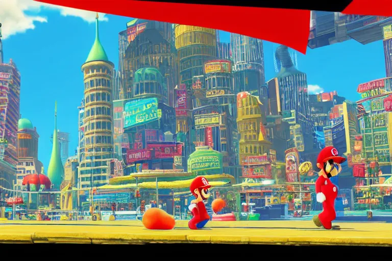 Prompt: an in game new donk city landscape from super mario odyssey, super mario odyssey art style.