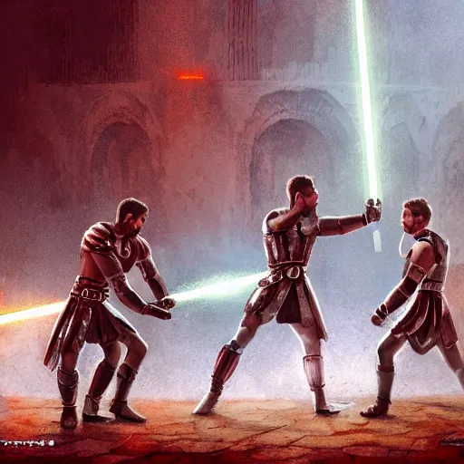 Image similar to gladiators in the colosseum fighting with lightsabers, digital art, detailed, realistic, artstation