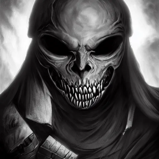 Image similar to photorealistic dark fantasy concept art of nightmare sans with his eye glowing, dynamic lighting, stunning visuals, ray tracing, beautiful scenery, cinematic, full body portrait, ultra detailed, hyper detail, stunning detail