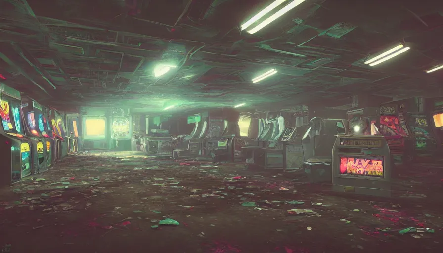 Image similar to abandoned 9 0's arcade room, cobwebs, dust, particles, dusty, arcade machines, hyperdetailed, artstation, cgsociety, 8 k