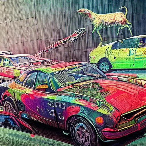 Image similar to cars behaving like animals, earthy colours, with neon flavours, hyper detailed, realistic, strange but real