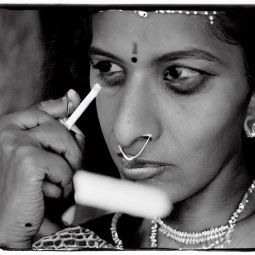Image similar to portrait of a sri lankan woman smoking cigarette, 8 0's style