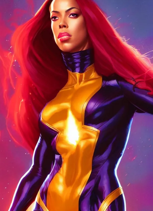 Image similar to full body portrait of marvel cinematic universe aaliyah haughton, x - men, jean grey, elegant, fire, phoenix, starfire, highly detailed!! digital painting, artstation, glamor pose, concept art, sharp focus, illustration, art by artgerm and greg rutkowski, artey freytag