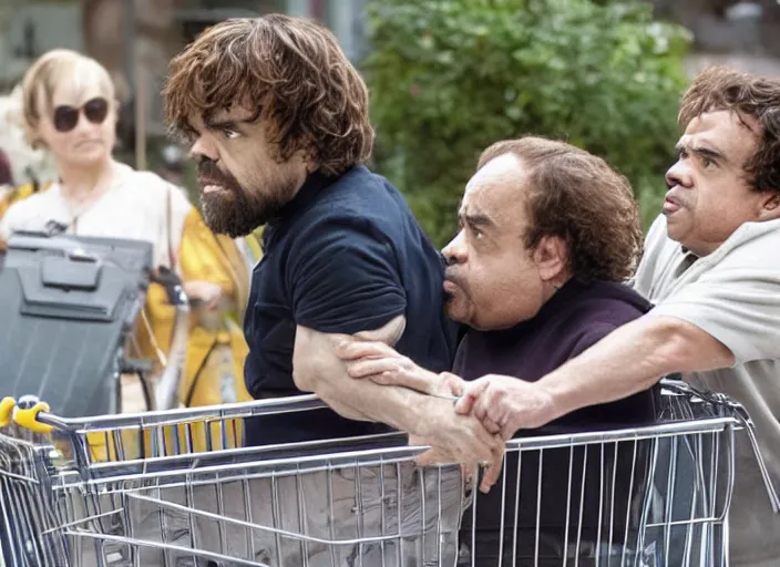 Image similar to peter dinklage in a shopping cart being pushed by danny devito, movie still, from the new jumangi movie, 8 k, realistic