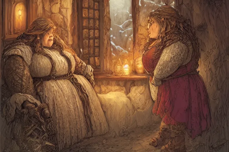 Prompt: A nice chubby dwarven woman at her home looking through the window at a snowstorm outside, highly detailed face, complex blonde braided hair, realistic, beautiful, fantasy art, dungeons and dragons, lord of the rings, in the style of rebecca guay and greg hildebrandt, illustration, very cozy, fantasy, intricate, hyper detailed, artstation, concept art, smooth, sharp focus, ray tracing, vibrant