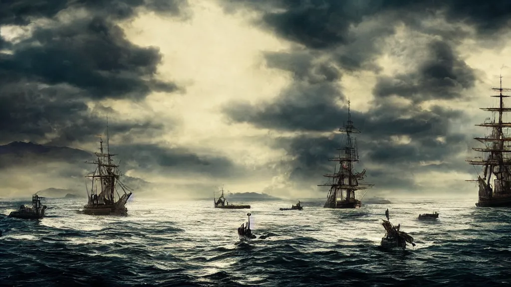 Prompt: Epic shot from a feature film depicting the arrival of the first Portuguese explorers to Japan, 4k