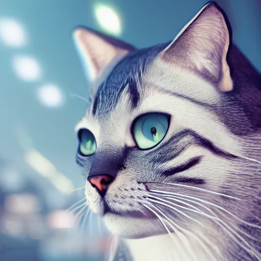 Image similar to funny cat, 8 k ultra realistic, digital art, highly detailed, trending on artstation, lens flare, atmosphere, hyper realistic, cinematic lightning, sharp focus, extreme details perfect face, pretty face, fine - face, 8 k, ultra texture, masterpiece