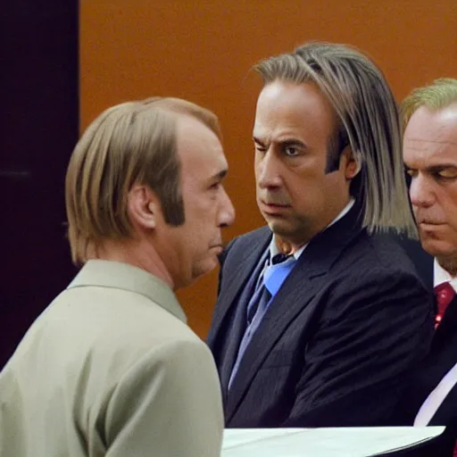Prompt: saul goodman standing next to sephiroth from final fantasy in court, low angle