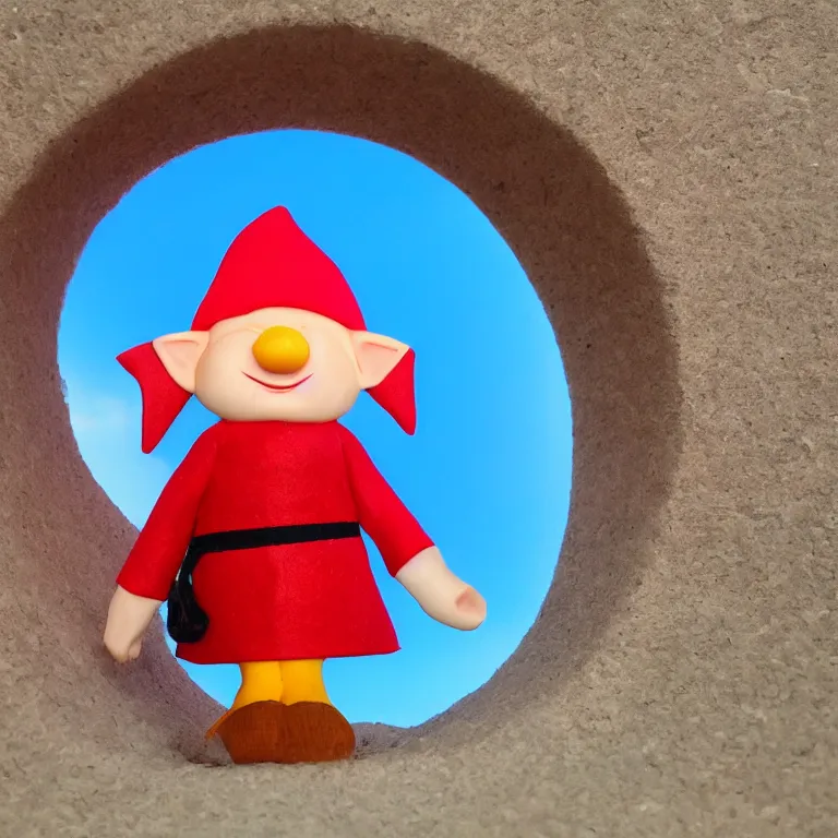 Prompt: gnome wearing backpack, standing in front of a circular portal, open to a red world. in the style of Dr. Suess