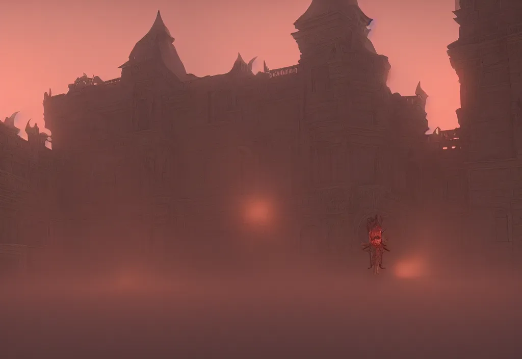 Prompt: a sfx demon inside a pristine palace, sunset, rendered in octane, mood fog