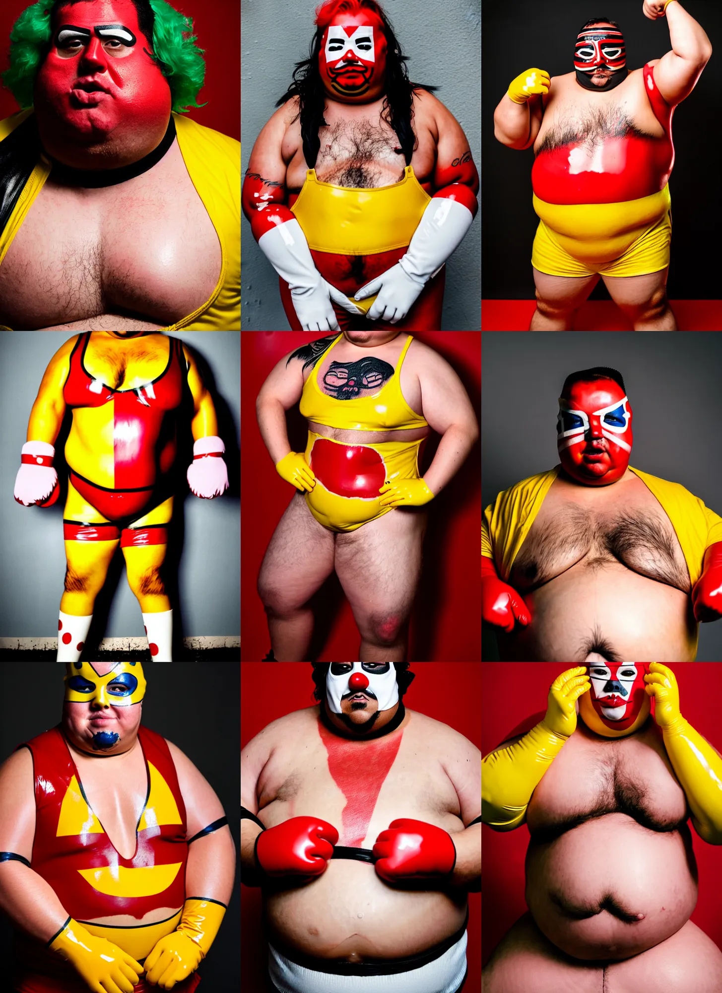 Prompt: portrait of a very chubby looking Lucha libre with a hamburger tattoo on the bare chest, wearing red and white color stripe latex sleeves, yellow latex gloves, red Ronald McDonald messy hair