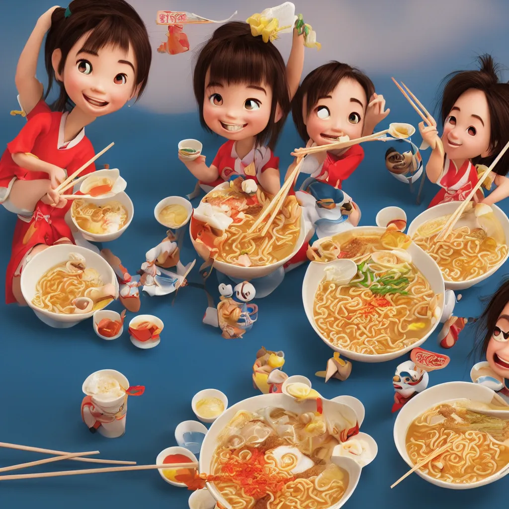 Image similar to Two happy beautiful girls holding chopsticks and eating a bowl of ramen, hyper realistic, insane detail, Pixar