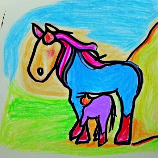 Image similar to child's drawing of a 3 - legged horse and the horse's tail is rainbow