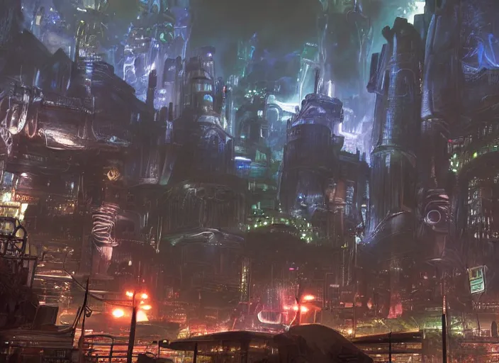 Image similar to landscape of midgar from final fantasy vii at night