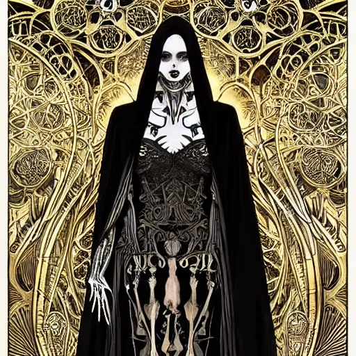 Prompt: a skeleton in a black cloak, highly detailed, very intricate, art nouveau, gold filigree, tarot concept art watercolor illustration by mandy jurgens and alphonse mucha and alena aenami, featured on artstation