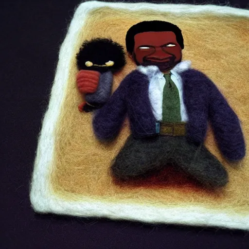 Image similar to needle felted Samuel L Jackson as Jules in Pulp Fiction (1994), highly detailed, tilt shift, eerie!!!, hyperrealism, highly textured, god rays