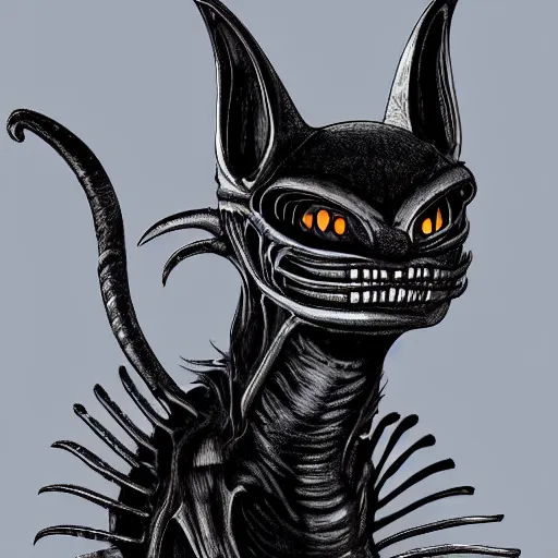 Image similar to a cat styled like a xenomorph, metallic texture, dark, high contrast lighting, Giger