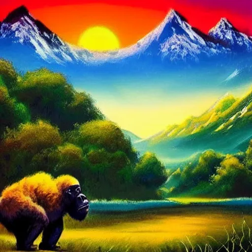 Image similar to beautiful landscape mountains, valley, sunset light, lots of wildlife and a gorilla. Bob Ross.