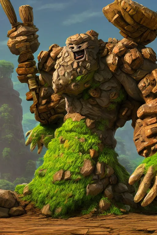 Image similar to zelda fantasy art giant golem troll wood rock greeble gemstone, global illumination ray tracing hdr fanart arstation by sung choi and eric pfeiffer and gabriel garza and casper konefal