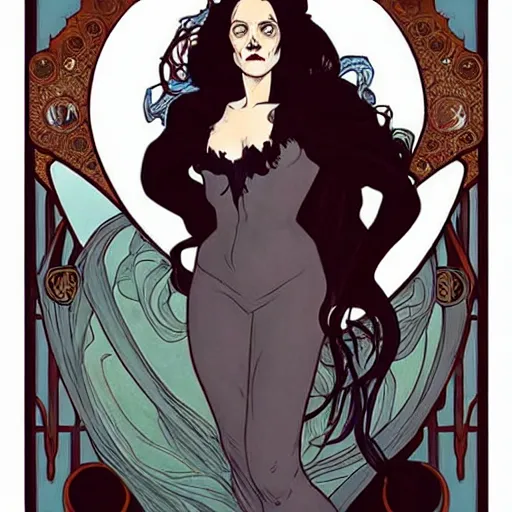 Prompt: Rafeal Albuquerque comic art, Joshua Middleton, Alphonse Mucha, art nouveau, pretty female Amy Adams, full entire body fun pose, scary vampire, fully black eyes no pupils, sharp vampire teeth smile open mouth, sarcastic evil smile, horror symmetrical face, symmetrical eyes, black Victorian dress, long curl red hair, outside in snow snowing