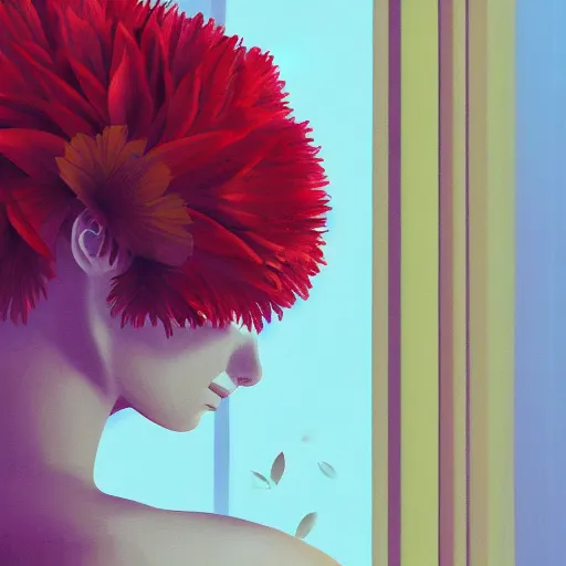 Image similar to closeup, giant flower head, woman next to modern windows, luxury apartment, surreal photography, dramatic light, impressionist painting, digital painting, artstation, james gilleard