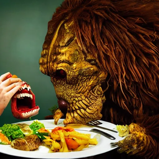 Image similar to big sir monster eating food, photograph