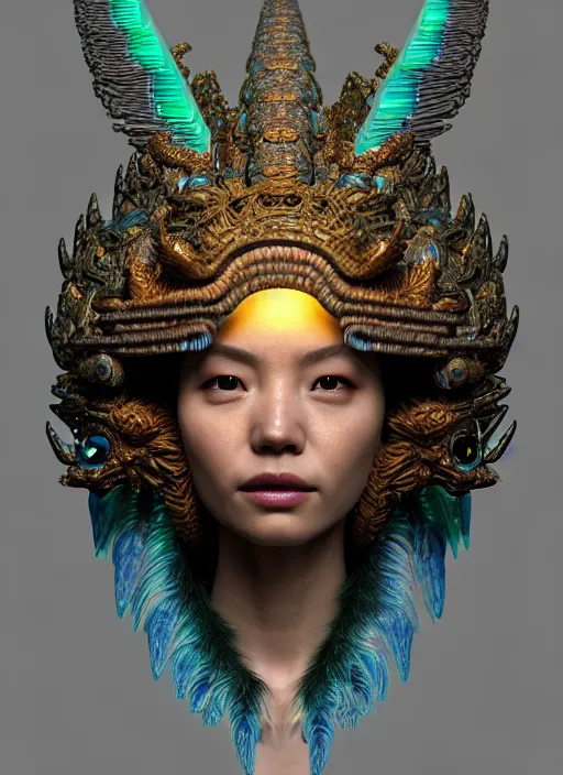 Prompt: 3 d goddess profile portrait. beautiful intricate highly detailed quetzalcoatl helmet and feathers. low - key lighting, bioluminescent, plasma, lava, ice, water, wind, creature, thunderstorm! artwork by tooth wu and wlop and beeple and greg rutkowski, 8 k trending on artstation,