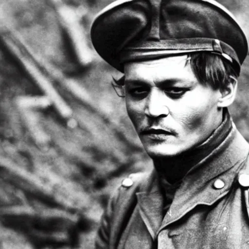 Prompt: Johnny depp as a soldier, ww1 trench, war photo, film grain