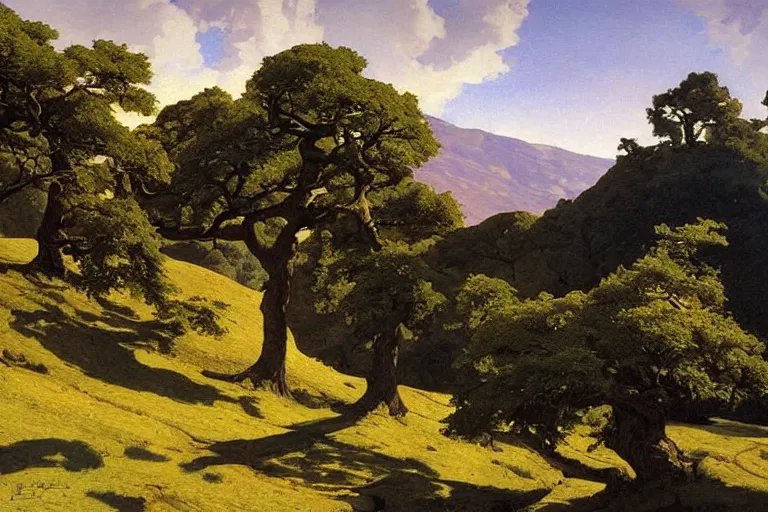 Image similar to masterpiece painting of oak trees on a hillside overlooking a creek, dramatic lighting, by j. c. leyendecker