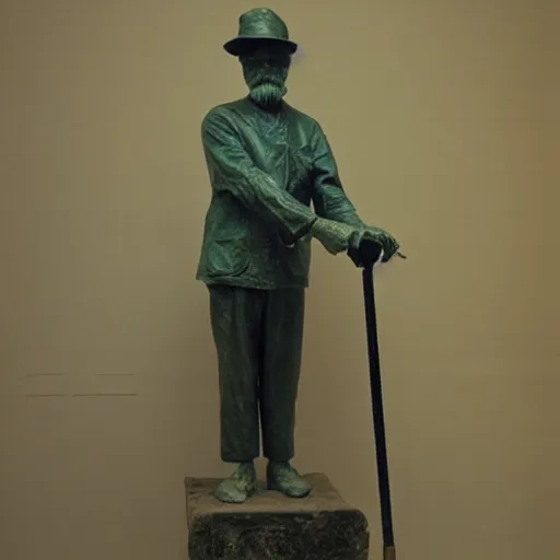 Prompt: patina bronze sculpture, old man with cane, in museum, soft light, kodak gold 2 0 0,