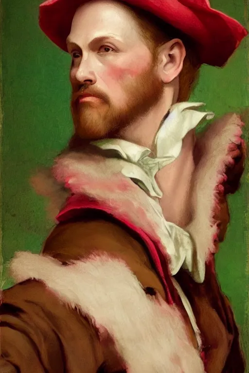 Image similar to intricate beautiful medium - shot, the card player man with short trimmed reddish beard ( ( ( no mustache ) ) ), blonde reddish hair, in green and pink clothes of 1 7 th century, matte painting, renaissance painting, by paul sezanne by leyendecker, by artgerm, rutkowskyi