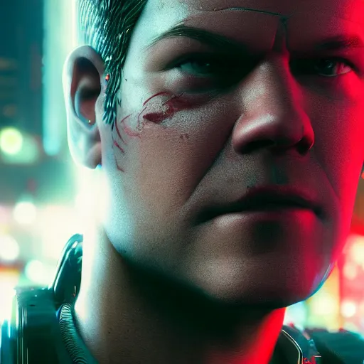 Prompt: matt damon portrait, cyberpunk 2 0 7 7, cyberpunk jackie welles, photorealistic, ultra detailed, neon, octane, bokeh, cinematic lighting, cyber, cyberpunk city, studio quality, feature, scars, cyberface, 8 k