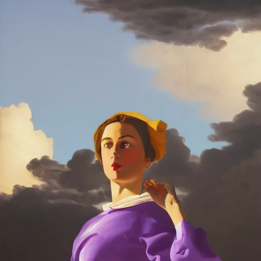 Image similar to close up of a beautiful woman, clouds in background, dramatic lighting, painting by neo rauch, highly detailed