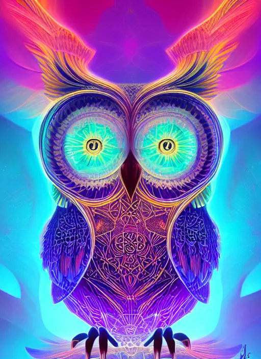 Image similar to symmetry!! product render poster vivid colors divine proportion owl, cosmos, glowing fog intricate, elegant, highly detailed, digital painting, artstation, concept art, smooth, sharp focus, illustration,