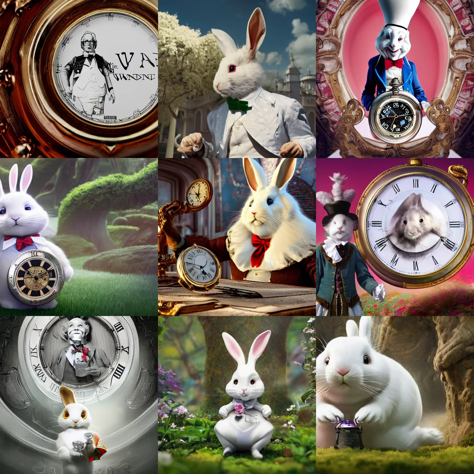 Prompt: a wide angle shot of the white rabbit from 'Alice in Wonderland' with the face of John Bolton, U.S. National Security Advisor , holding a pocket watch ,hyper-realistic, sharp focus, highly detailed, depth of field, High definition, 8k, octane render, artstation