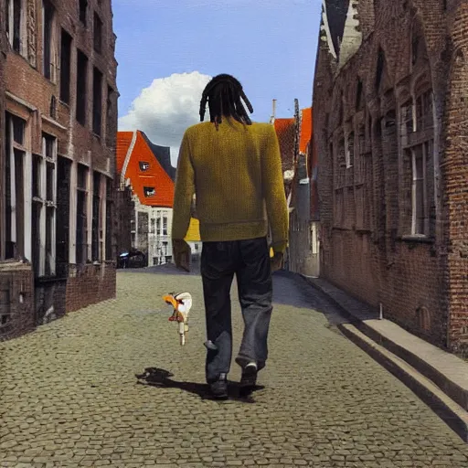 Image similar to bob marley walking in bruges, painted by scott listfield, sunny, happy