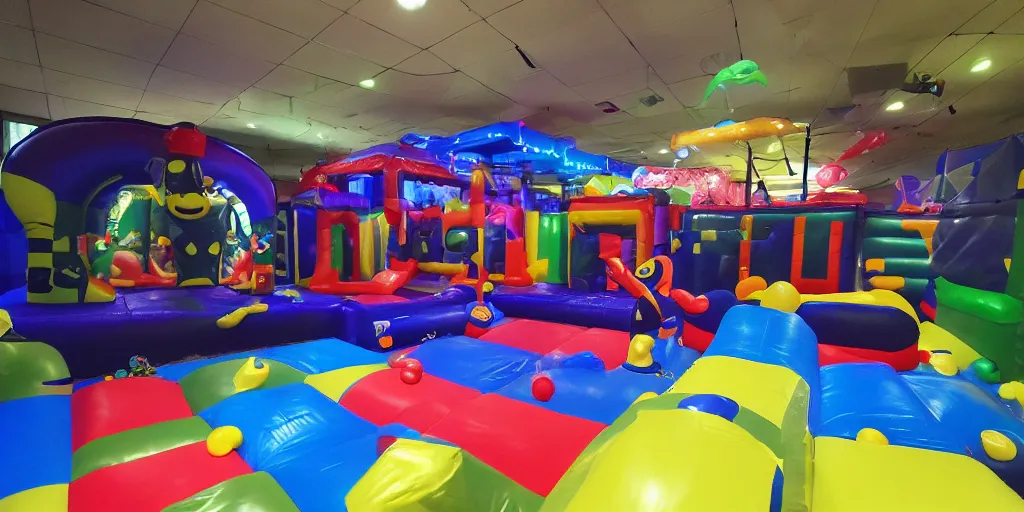 Image similar to a darkly lit indoor playplace bounce house photo taken with a deposable camera, limital space