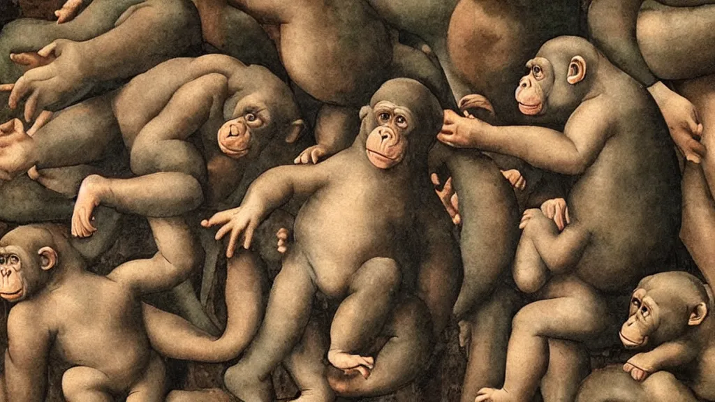 Image similar to fresco of chimpanzees, painted by Michelangelo, 1510