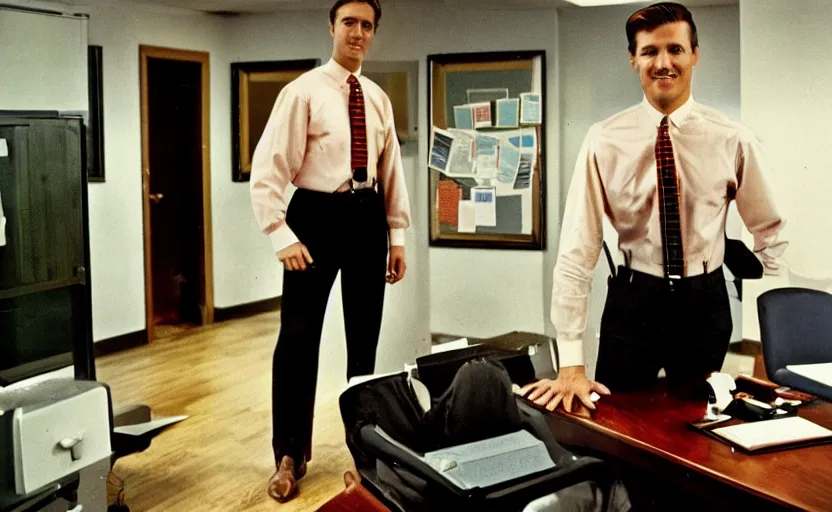 Image similar to color photo of a photomodel handsome wall street banker wearing suspenders in his office. 8 0's style